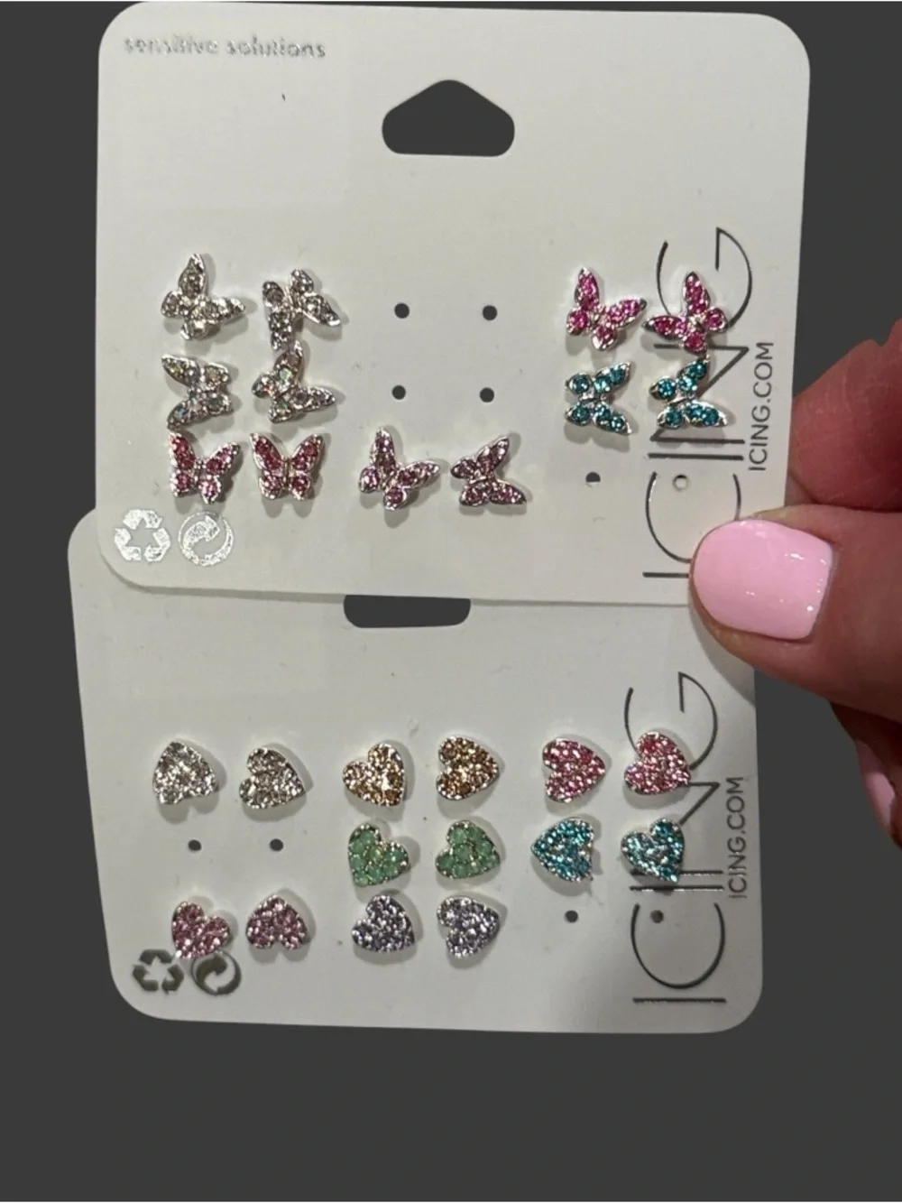 Icing Glitter Heart & Butterfly Stud Earring Set in Pink, Purple, Teal, Silver